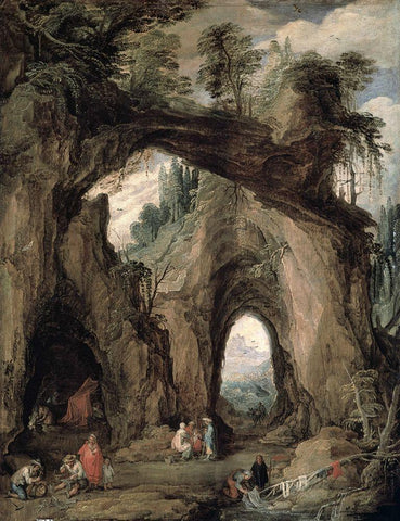 Gypsies In The Mountains White Modern Wood Framed Art Print with Double Matting by Momper the Younger, Joos de