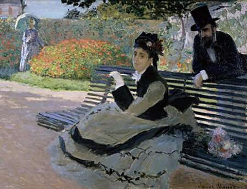 Camille Monet on a Garden Bench Black Ornate Wood Framed Art Print with Double Matting by Monet, Claude