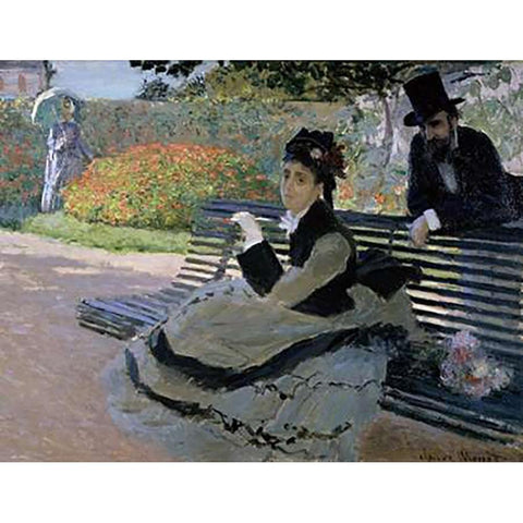 Camille Monet on a Garden Bench White Modern Wood Framed Art Print by Monet, Claude