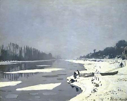 Ice Floes on the Seine at Bougival, 1868 Black Ornate Wood Framed Art Print with Double Matting by Monet, Claude