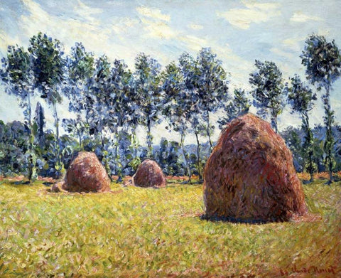Haystacks at Giverny White Modern Wood Framed Art Print with Double Matting by Monet, Claude