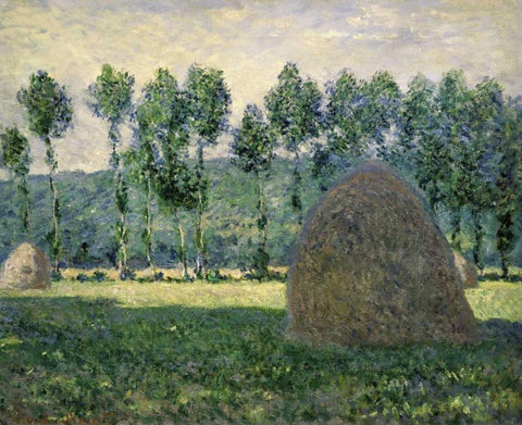 Haystacks Near Giverny White Modern Wood Framed Art Print with Double Matting by Monet, Claude