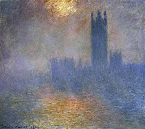 London Parliament - Patch of Sun in the Fog White Modern Wood Framed Art Print with Double Matting by Monet, Claude