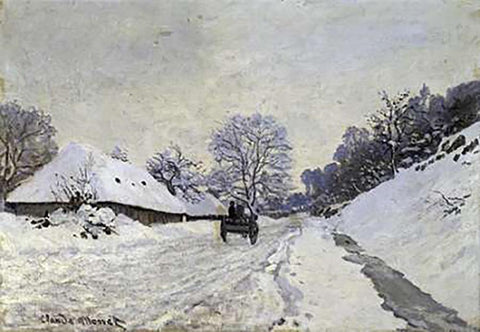 Snow-Covered Road at Honfleur White Modern Wood Framed Art Print with Double Matting by Monet, Claude