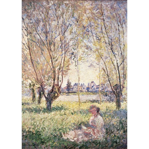 Woman Seated under the Willows Black Modern Wood Framed Art Print by Monet, Claude
