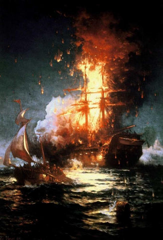 Burning of the Frigate Philadelphia Tripoli Harbor, Feb 16, 1804 White Modern Wood Framed Art Print with Double Matting by Moran, Edward