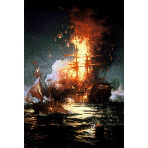Burning of the Frigate Philadelphia Tripoli Harbor, Feb 16, 1804 Black Modern Wood Framed Art Print with Double Matting by Moran, Edward
