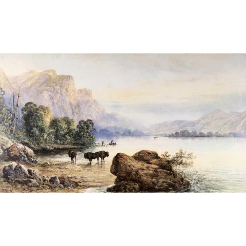 Buffalo Watering Black Modern Wood Framed Art Print with Double Matting by Moran, Thomas