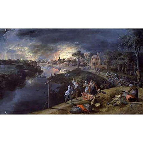 Scene of War and Fire Gold Ornate Wood Framed Art Print with Double Matting by Mostaert, Gillis