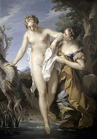 Bather and her Attendant White Modern Wood Framed Art Print with Double Matting by Le Moyne, Francois