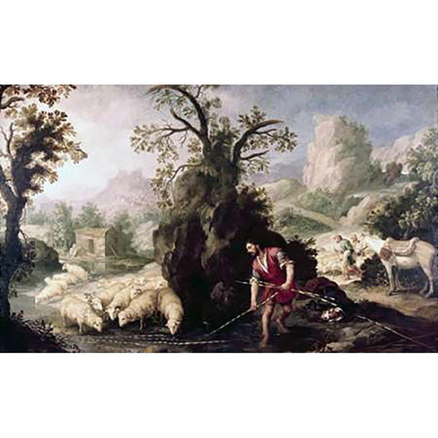 Allegory-Jacob Laying The Peeled Rods White Modern Wood Framed Art Print by Murillo, Bartolome Esteban