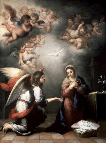 Annunciation Black Ornate Wood Framed Art Print with Double Matting by Murillo, Bartolome Esteban