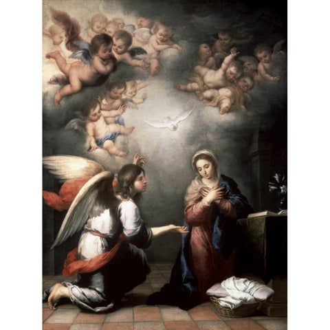 Annunciation White Modern Wood Framed Art Print by Murillo, Bartolome Esteban