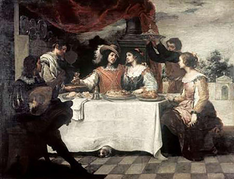 Banquet of The Prodigal Son Black Ornate Wood Framed Art Print with Double Matting by Murillo, Bartolome Esteban