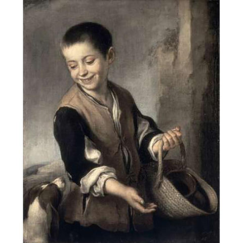 Boy With a Dog Black Modern Wood Framed Art Print with Double Matting by Murillo, Bartolome Esteban