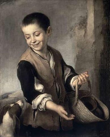 Boy With a Dog White Modern Wood Framed Art Print with Double Matting by Murillo, Bartolome Esteban