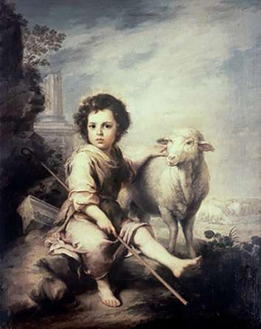 Museumist Child As Shepherd White Modern Wood Framed Art Print with Double Matting by Murillo, Bartolome Esteban