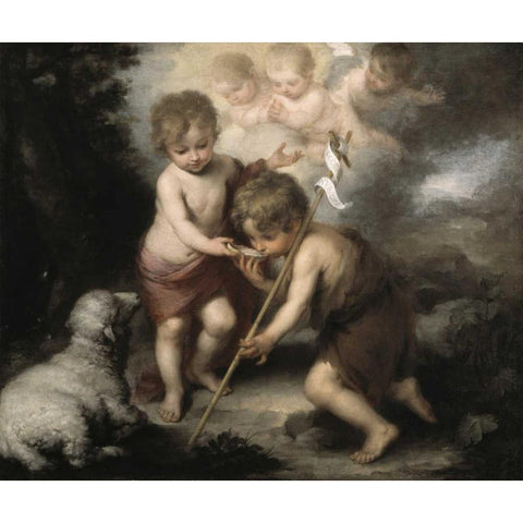 Jesus and John The Baptist: Children W/ Shell Gold Ornate Wood Framed Art Print with Double Matting by Murillo, Bartolome Esteban