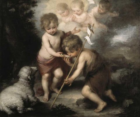 Jesus and John The Baptist: Children W/ Shell Black Ornate Wood Framed Art Print with Double Matting by Murillo, Bartolome Esteban