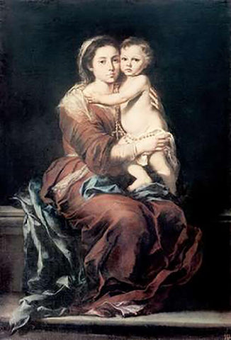 Madonna and The Rosary #1 Black Ornate Wood Framed Art Print with Double Matting by Murillo, Bartolome Esteban