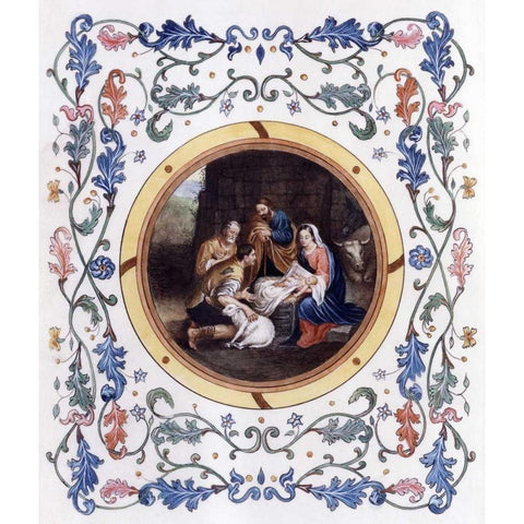 Nativity With Illuminated Border Black Modern Wood Framed Art Print with Double Matting by Murillo, Bartolome Esteban