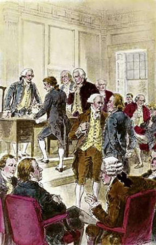 Signing The Declaration of Independence, 7/4/1776 Black Ornate Wood Framed Art Print with Double Matting by Ogden, Henry Alexander