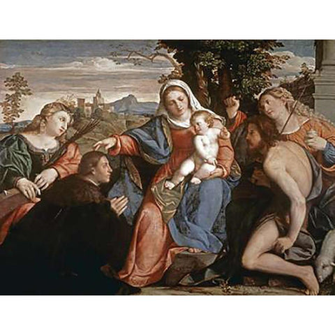 Sacre Conversazione Gold Ornate Wood Framed Art Print with Double Matting by Palma, Jacopo il Vecchio