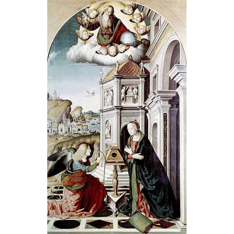 Annunciation Black Modern Wood Framed Art Print with Double Matting by Palmezzano, Marco