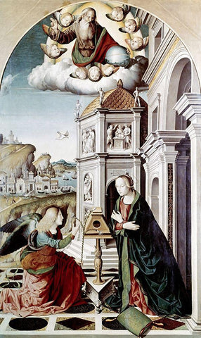 Annunciation White Modern Wood Framed Art Print with Double Matting by Palmezzano, Marco