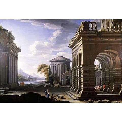 Architectural Study Gold Ornate Wood Framed Art Print with Double Matting by Panini, Giovanni Paolo