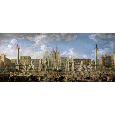 Preparation of The Fireworks - Rome Black Modern Wood Framed Art Print with Double Matting by Panini, Giovanni Paolo