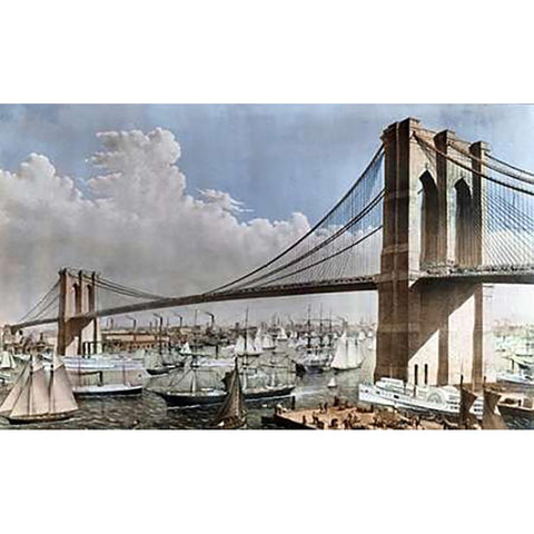 Great East River Suspension Bridge NYC, Brooklyn, 1883 Black Modern Wood Framed Art Print with Double Matting by Parsons, Charles