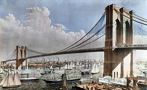 Great East River Suspension Bridge NYC, Brooklyn, 1883 White Modern Wood Framed Art Print with Double Matting by Parsons, Charles