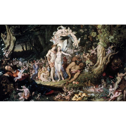 Oberon and Titania: Midsummer Nights Dream Gold Ornate Wood Framed Art Print with Double Matting by Paton, Joseph Noel