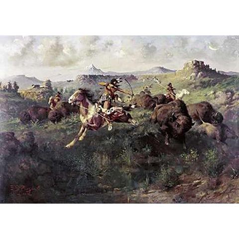 Buffalo Hunt Black Modern Wood Framed Art Print with Double Matting by Paxson, Edgar Samuel