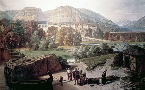 Roman Town at The Foot of The Alps White Modern Wood Framed Art Print with Double Matting by Penguilly-L Haridon, Octave