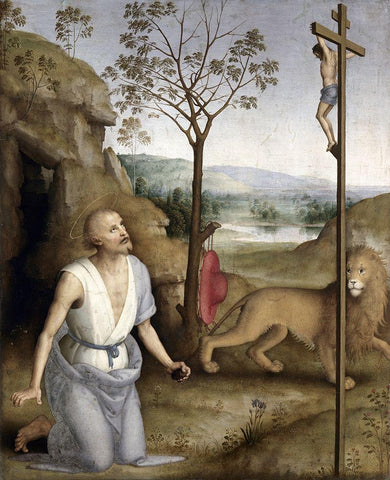 St. Jerome In The Desert Black Ornate Wood Framed Art Print with Double Matting by Perugino, Pietro