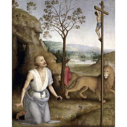 St. Jerome In The Desert Black Modern Wood Framed Art Print with Double Matting by Perugino, Pietro