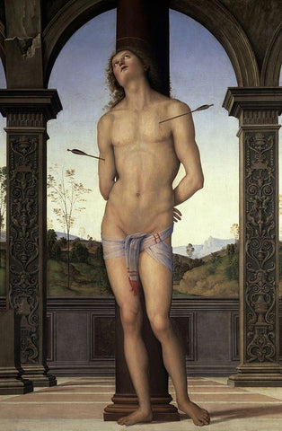 St. Sebastian Black Ornate Wood Framed Art Print with Double Matting by Perugino, Pietro