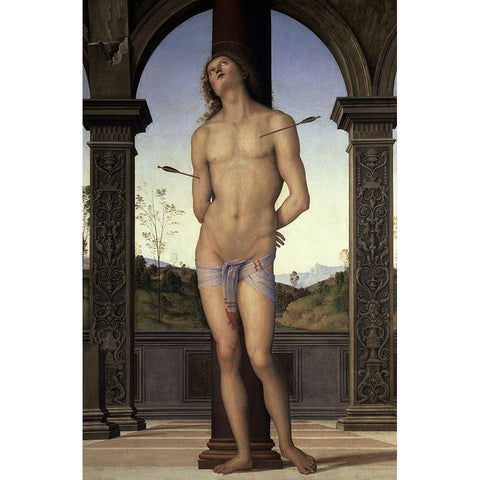 St. Sebastian Black Modern Wood Framed Art Print with Double Matting by Perugino, Pietro