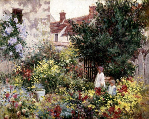 In the Garden White Modern Wood Framed Art Print with Double Matting by Pissarro, Camille