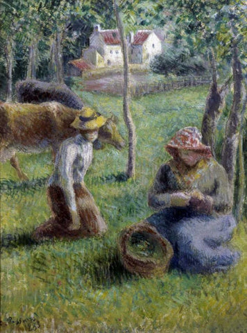 Keeper of the Cows White Modern Wood Framed Art Print with Double Matting by Pissarro, Camille
