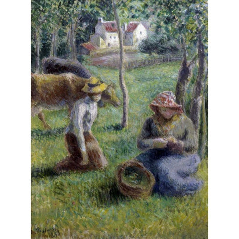 Keeper of the Cows Black Modern Wood Framed Art Print with Double Matting by Pissarro, Camille