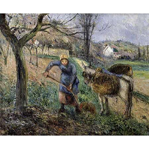 Landscape with a Donkey Black Modern Wood Framed Art Print with Double Matting by Pissarro, Camille