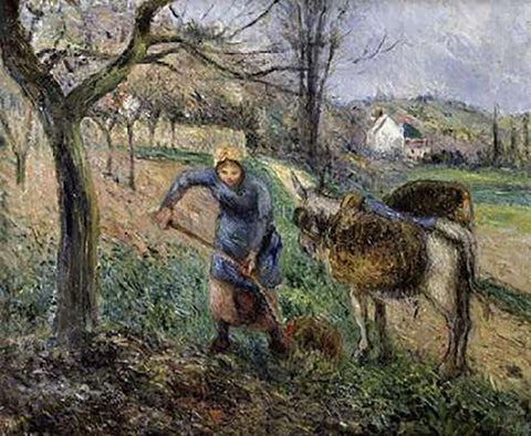 Landscape with a Donkey White Modern Wood Framed Art Print with Double Matting by Pissarro, Camille