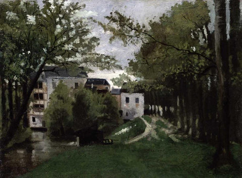 Le Moulin a La Roche Guyon White Modern Wood Framed Art Print with Double Matting by Pissarro, Camille