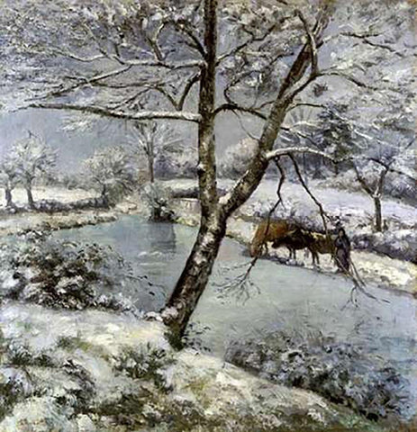 LHiver a Mouton Cault Black Ornate Wood Framed Art Print with Double Matting by Pissarro, Camille