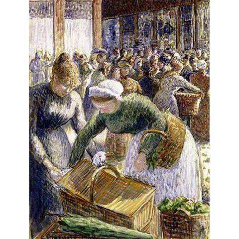 Market at Pontoise, Paris White Modern Wood Framed Art Print by Pissarro, Camille