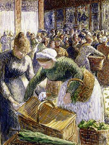 Market at Pontoise, Paris Black Ornate Wood Framed Art Print with Double Matting by Pissarro, Camille