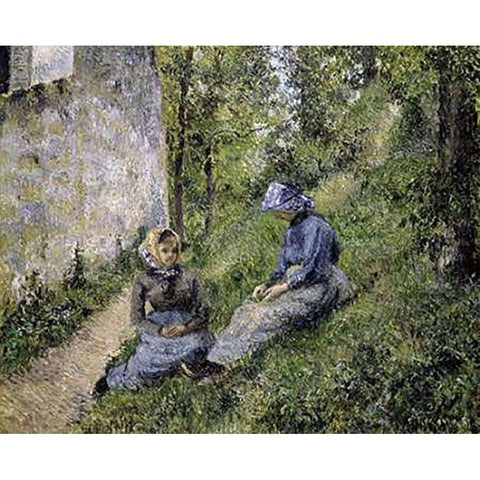 Paysannes Assisses, Causant White Modern Wood Framed Art Print by Pissarro, Camille